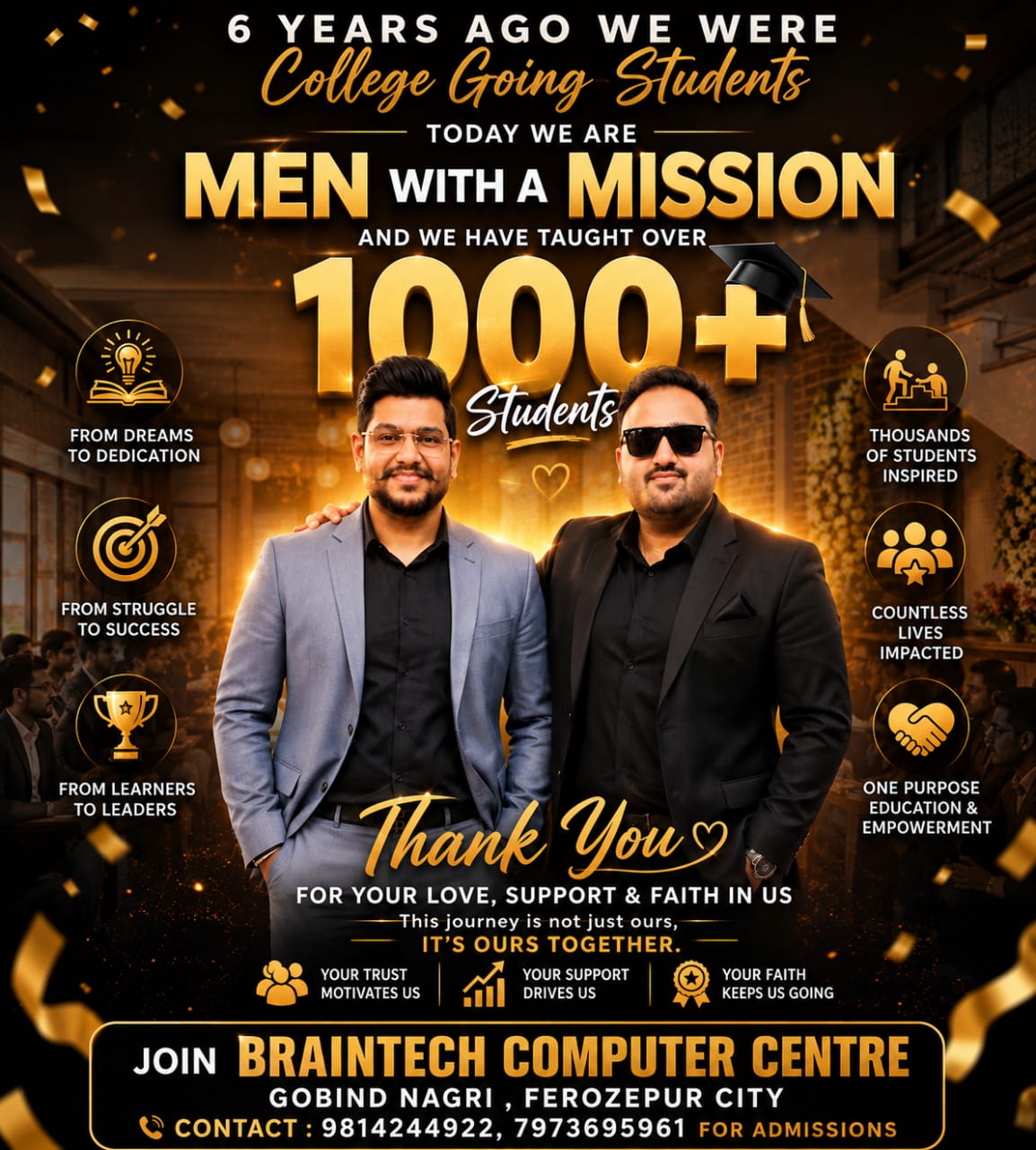 Braintech founders celebrating 1000+ students trained — Thank you for your love, support and faith in us, from Braintech Computer Centre, Gobind Nagri, Ferozepur City